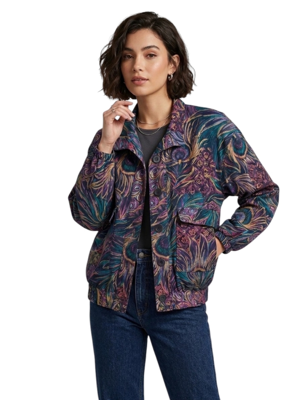 Vintage GDT TOO Retro Peacock Print Button Up Jacket One Size Fits Women's Large